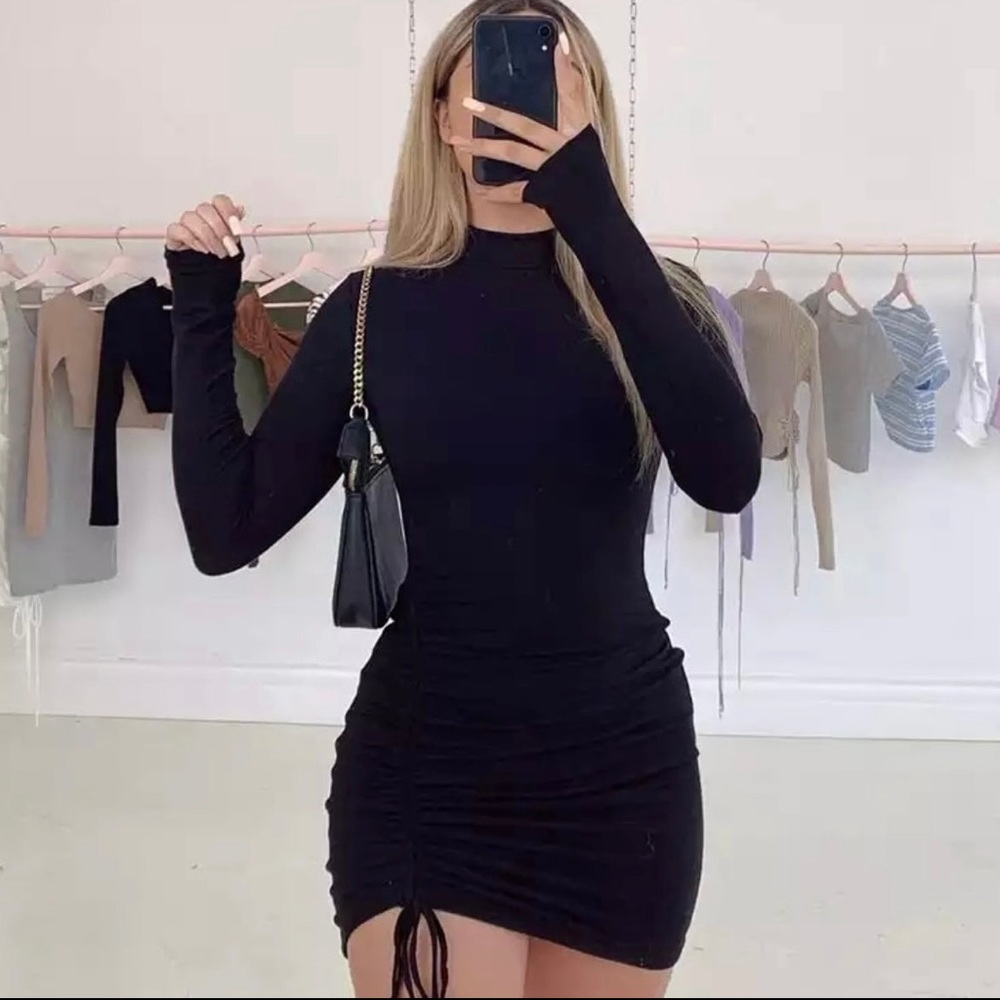 Outspoken Clothing Co. Black Mock Neck Tie Long Sleeve Dress